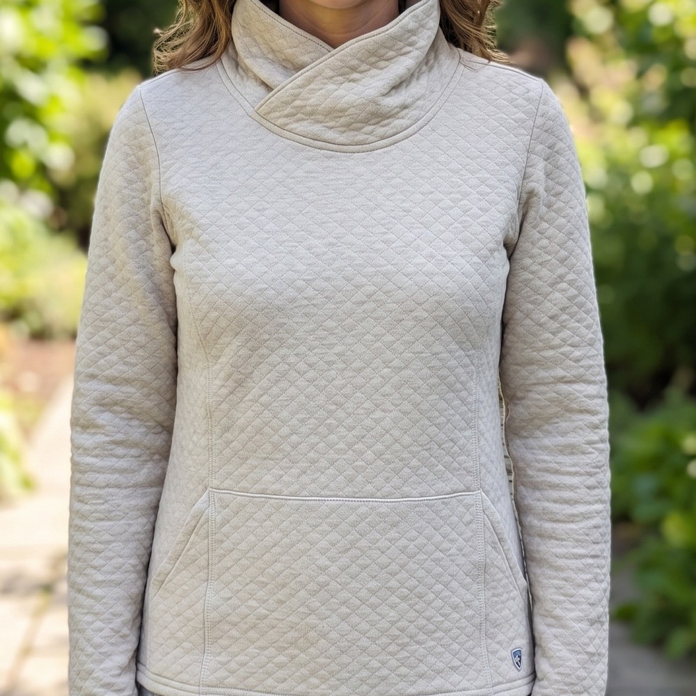 Kuhl Quinn Pullover Oatmeal Heather Diamond Quilt Cowl Neck Sweater Womens M